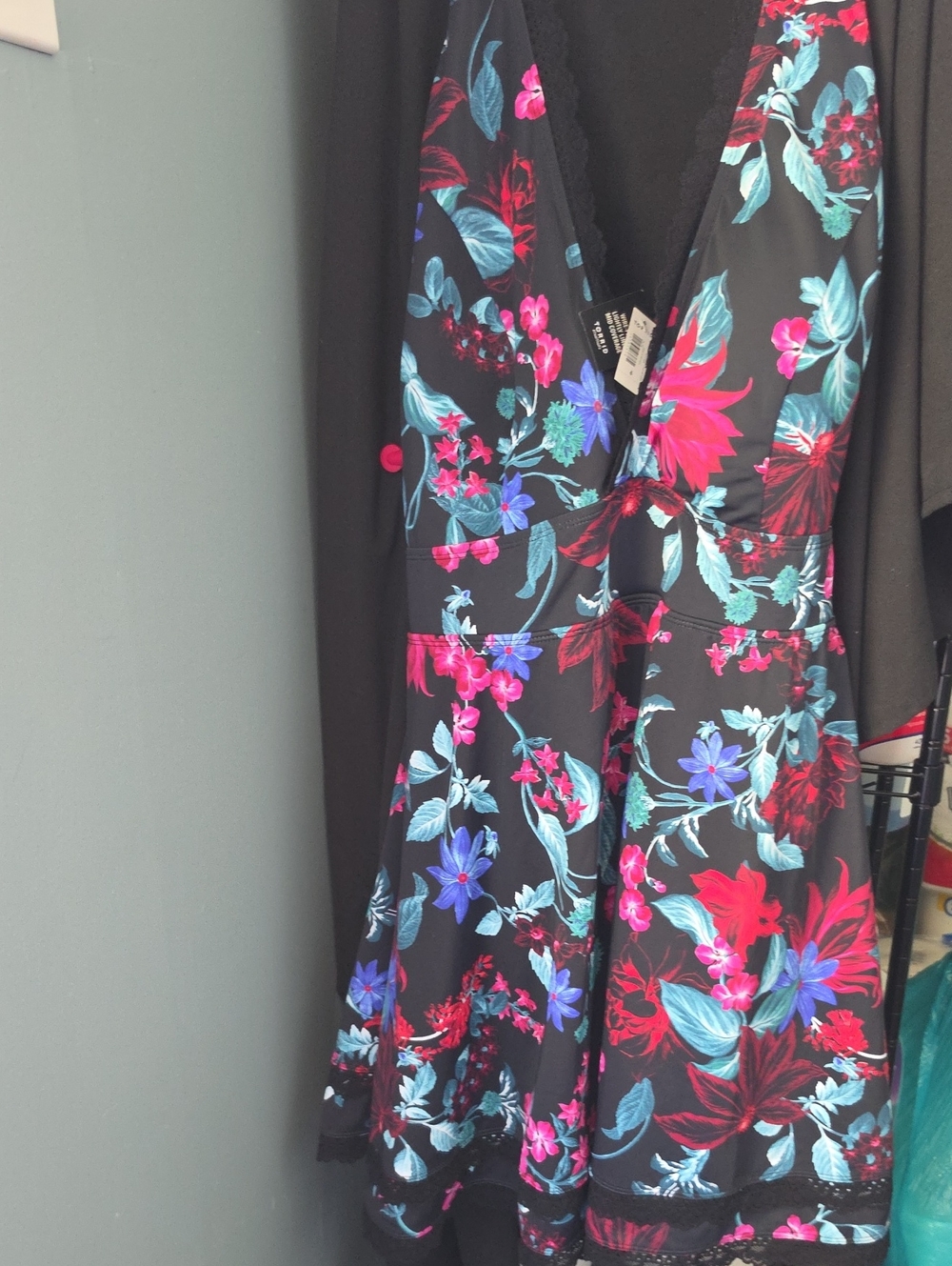 torrid Black Floral Plunge Bra Top with Pink, Red & Blue Blossoms